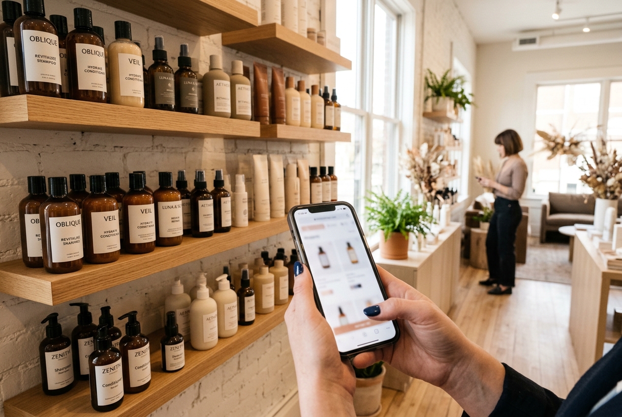 Browsing salon retail shelves and verifying cosmetic notification numbers on QUEST3+ via smartphone