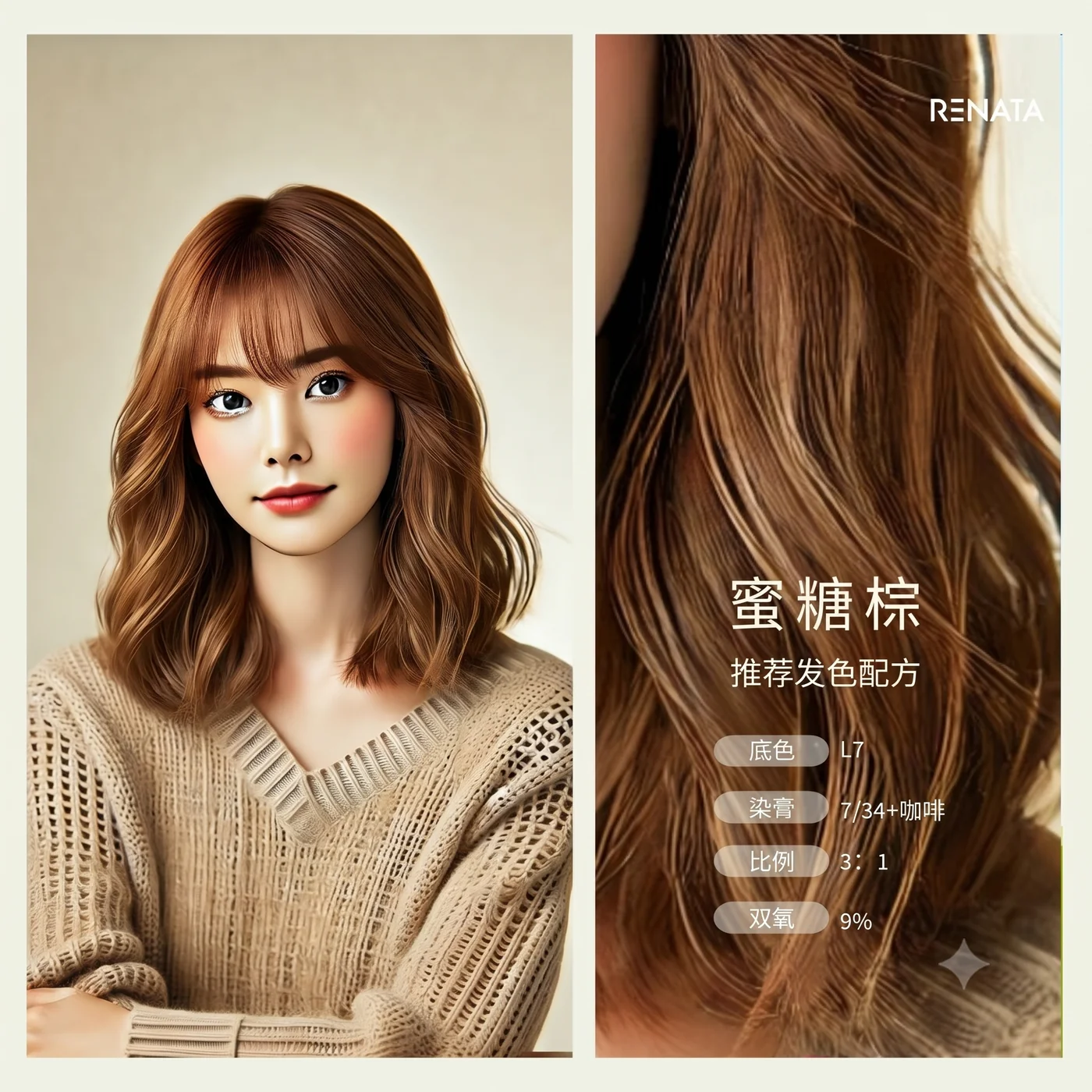 蜜糖棕发色效果与推荐发色配方:底色 L7、比例 3:1、双氧 9%——对应 ESFJ 的焦糖、蜜糖棕方向