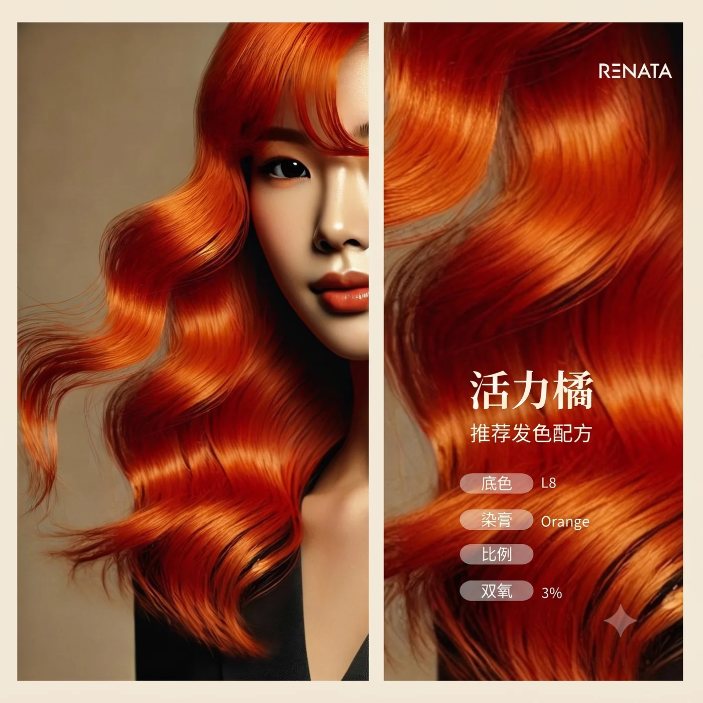 活力橘发色效果与推荐发色配方:底色 L8、染膏 Orange、双氧 3%——对应 ENFP 的日落橘方向